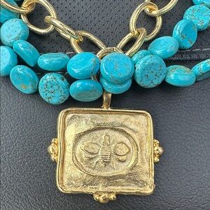 Susan Shaw Turquoise Bead & Gold Chain BEE Statement Necklace